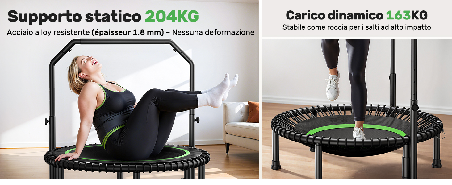 Il testo dice 'Supporto statico 204X6', 'Carico dinamico 122X10'. Attrezzatura da ginnastica che mostra diverse posizioni e usi di quello che sembra essere un trampolino da fitness.
