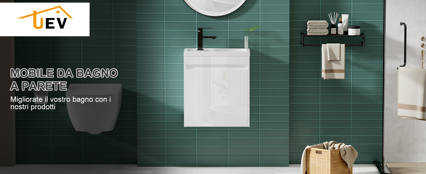 Mobile Bagno Con Lavabo In Resina UEV - 41cm, Sospeso, Rubinetto Cromato, Bianco, Salvaspazio