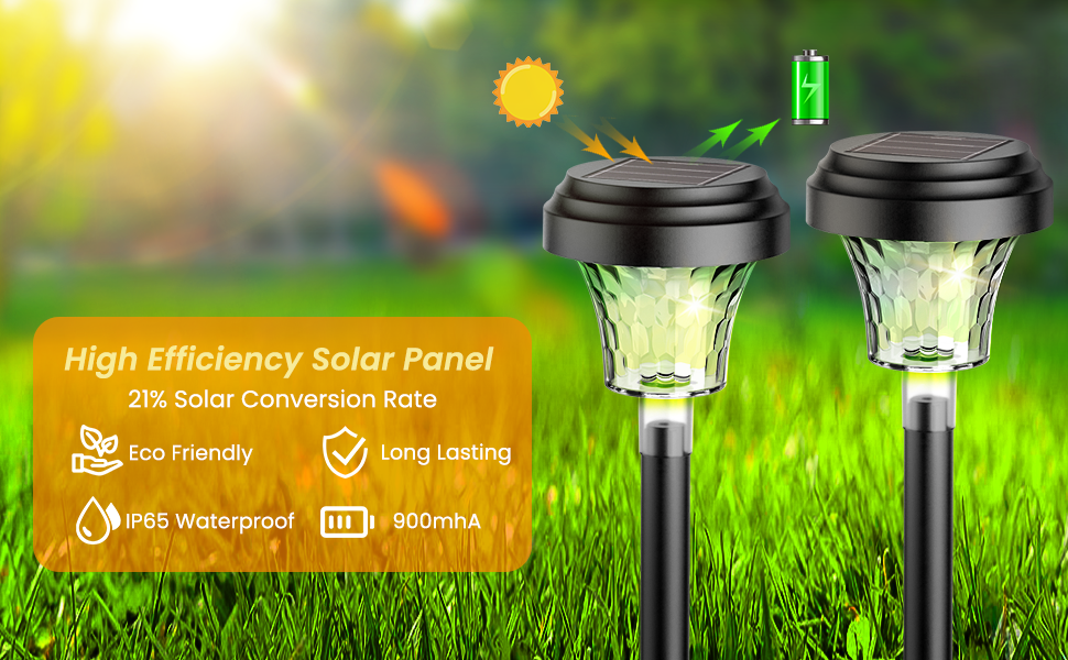 Solar-powered garden lights with green stems and clear bulb tops. Features listed include high efficiency, eco-friendly, and waterproof design.