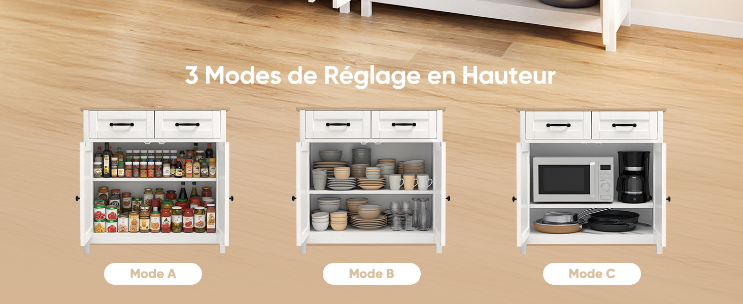 Le texte indique « 3 Modes de Réglage en Haut ». Trois images montrant un système de montage réglable avec différents réglages de hauteur pour les unités murales.