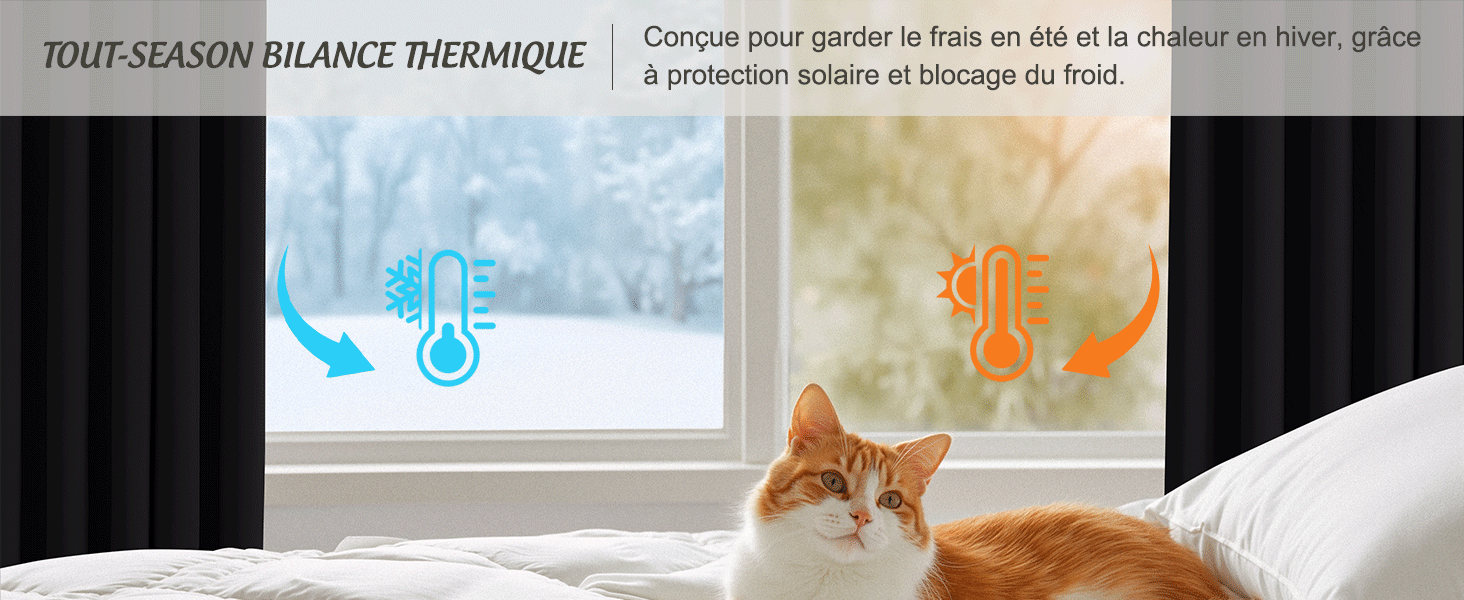 Le texte se lit comme suit : « RIDEAUX BALANCE THERMIQUE » en français. Photo intérieure montrant une fenêtre avec des rideaux et un chat se reposant près du rebord de la fenêtre.