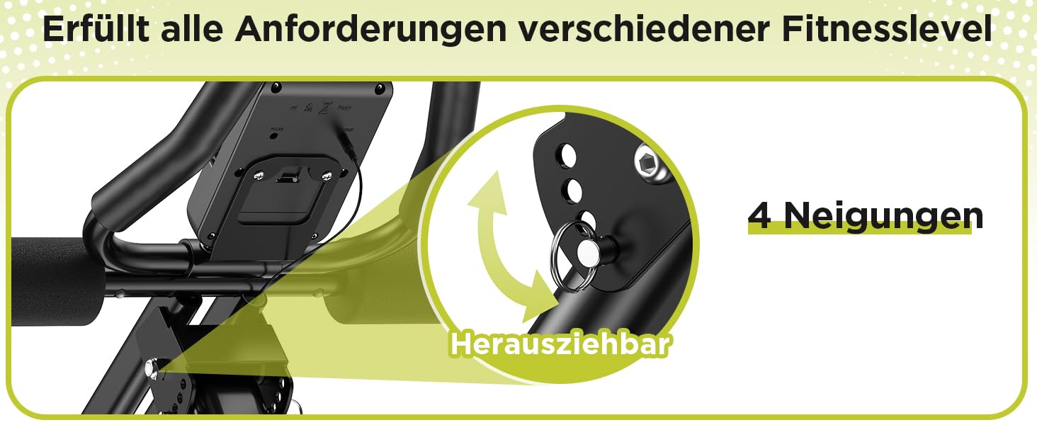 Der Text lautet „Erfüllt alle Anforderungen verschiedener Fitnesslevel“ und „4 Neigungen“. Produktschnittstelle mit Einstellungen und Bedienelementen von Fitnessgeräten.