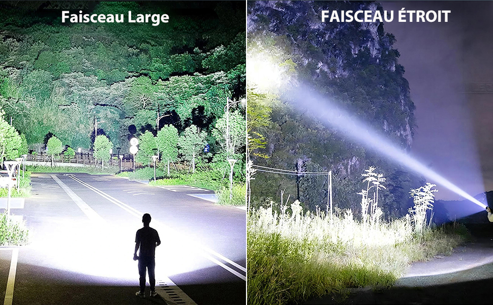 Deux images comparant les faisceaux de lampes de poche. La gauche montre un faisceau large éclairant un chemin, la droite montre un faisceau étroit focalisé sur des arbres éloignés