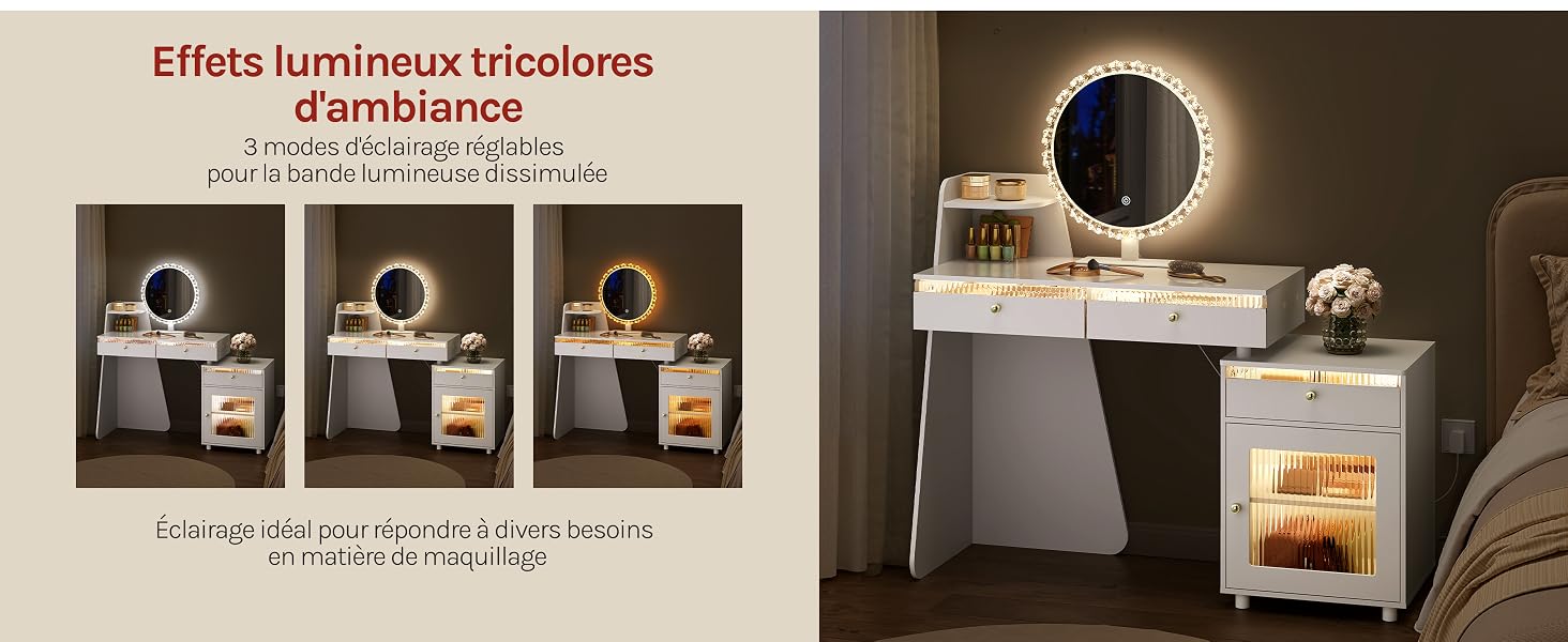 Le texte indique « Effetto Luminoso Tricolore L'Atmosfera » avec une gamme de produits comprenant trois articles (panneau de gauche) et une configuration de miroir de courtoisie avec éclairage chaleureux et accessoires (panneau de droite).