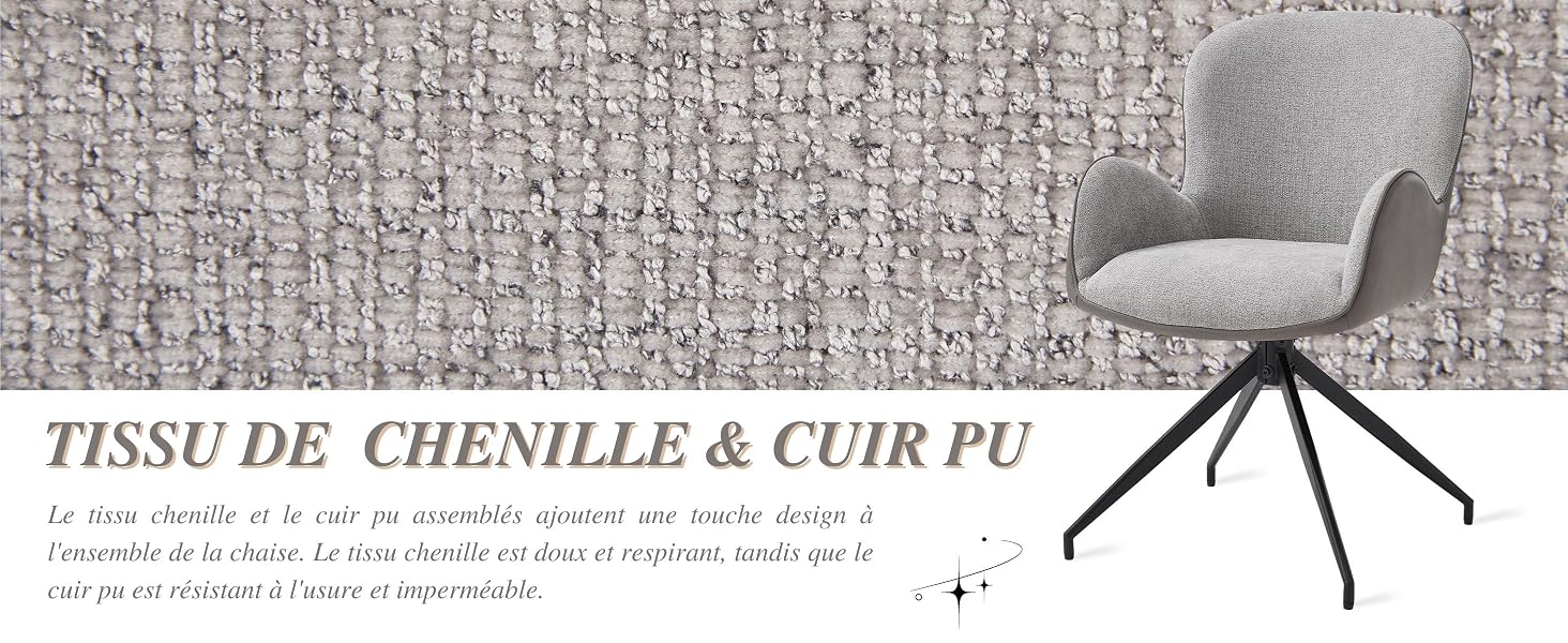 Le texte indique « TISSU DE CHENILLE & CUIR PU ». Chaise moderne rembourrée grise avec base métallique en forme d'araignée sur fond gris texturé.