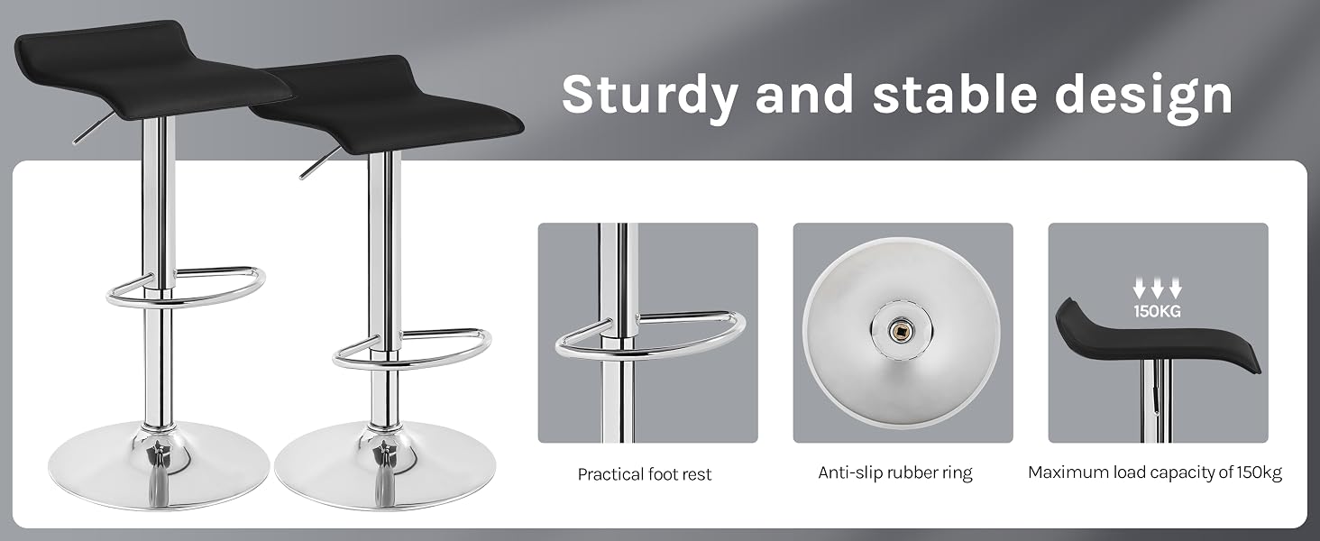 Two black adjustable bar stools with footrests. Product features include sturdy design, stable base, and height adjustment mechanism shown in detailed panels.