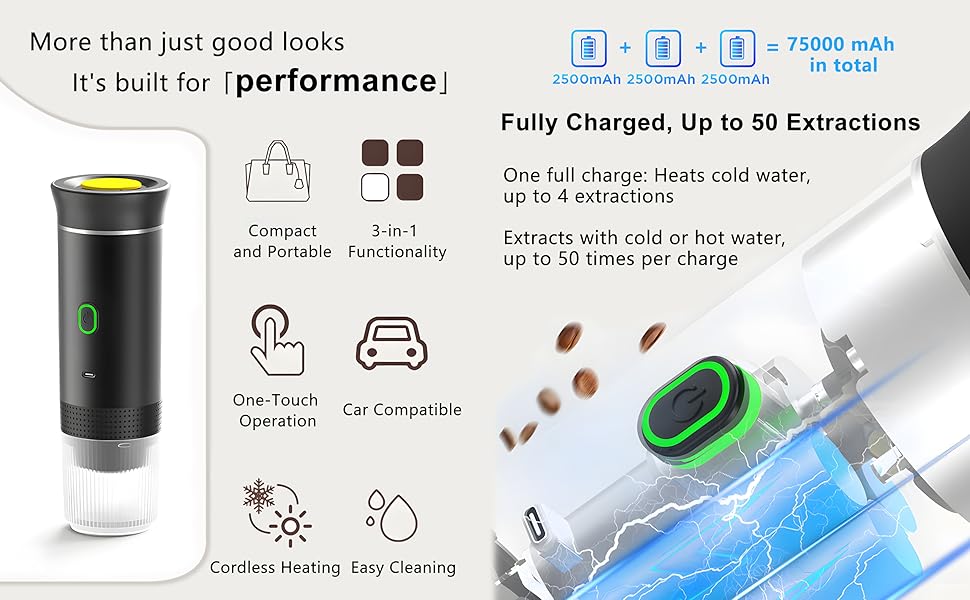 avec batterie 75000 mAh. Les caractéristiques incluent la fonctionnalité 3 en 1, jusqu'à 50 extractions par charge et la compatibilité avec l'extraction à l'eau froide/chaude