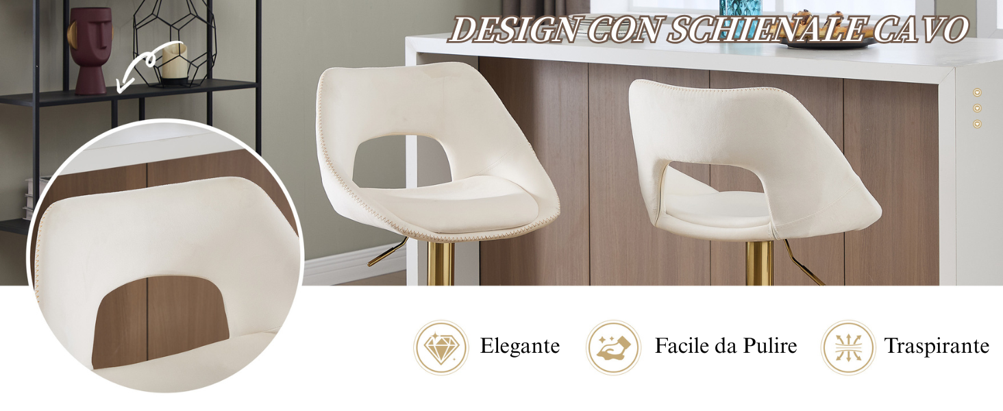 Il testo recita «Ergonómic», «Fácil de Poner», «Resistente». Tre sedie da pranzo moderne bianche con schienali curvi mostrati da diverse angolazioni.