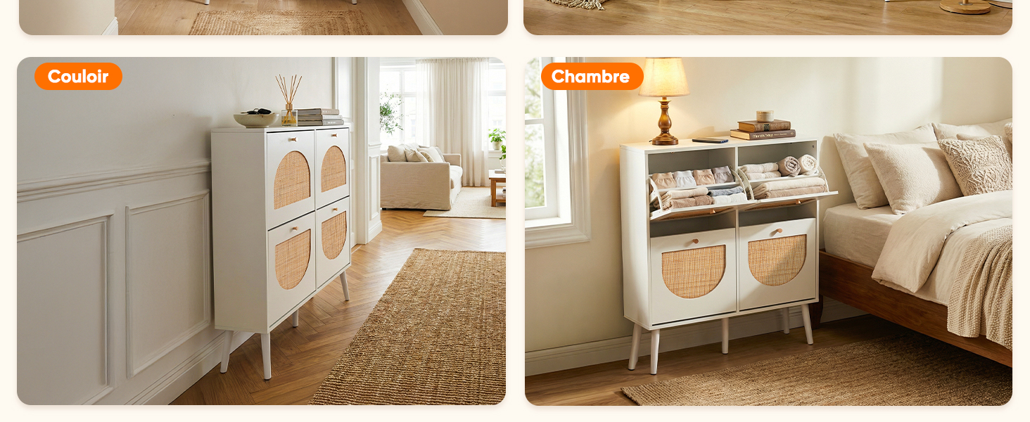 Collection de meubles et de décoration intérieure blancs présentant des chambres et des espaces de vie à l'esthétique scandinave minimaliste. Il présente des lignes épurées, des tons de bois clairs et des surfaces d'un blanc éclatant.