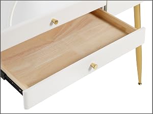 White wooden drawer with natural wood interior and gold-colored knob. Drawer is partially open, revealing the wood grain inside.