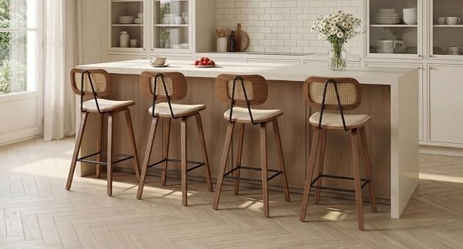 Interior de cocina moderno con gabinetes blancos, barra de bar de madera con taburetes de madera marrón con respaldo, encimera de mármol blanco y estanterías integradas que exhiben objetos decorativos y flores.