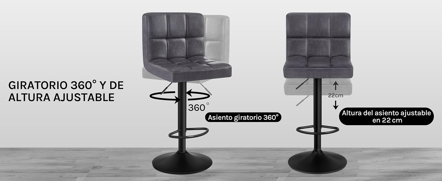 Dos taburetes de bar tapizados en gris con respaldos capitonados. El texto indica características de giro de 360 grados