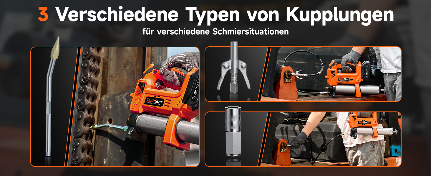 Vor dunklem Hintergrund angeordnete Kfz-Servicewerkzeuge mit verschiedenen Kupplungstypen und Druckmessgeräten für Fahrzeugwartungsarbeiten.