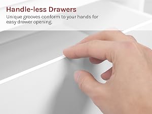 Text reads 'Handle-less Drawers' and 'Unique grooves conform to your hands for easy drawer opening.' Close-up of white drawer front with finger indentation groove being touched by human hand.