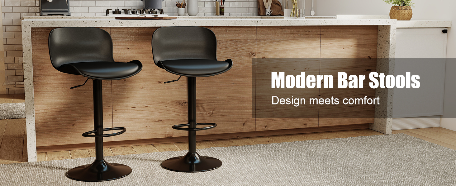 Text reads 'Modern Bar Stools' and 'Design meets comfort'. Industrial-style bar area with black metal stools against rustic wooden background.