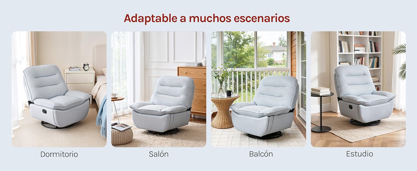 El texto dice «Ajustable a muchos escenarios». Se muestran cuatro dispositivos compactos de color blanco y gris en diferentes configuraciones, lo que demuestra la versatilidad del producto ajustable en múltiples configuraciones.