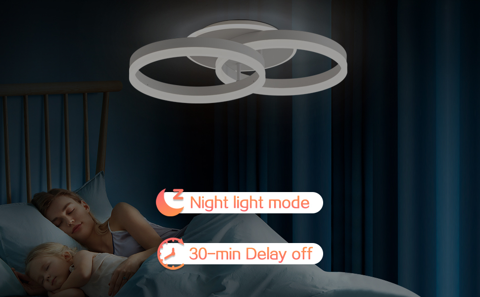 Smart lighting interface showing night light mode and 30-minute delay off options, with circular light rings visible above a bedroom setting.