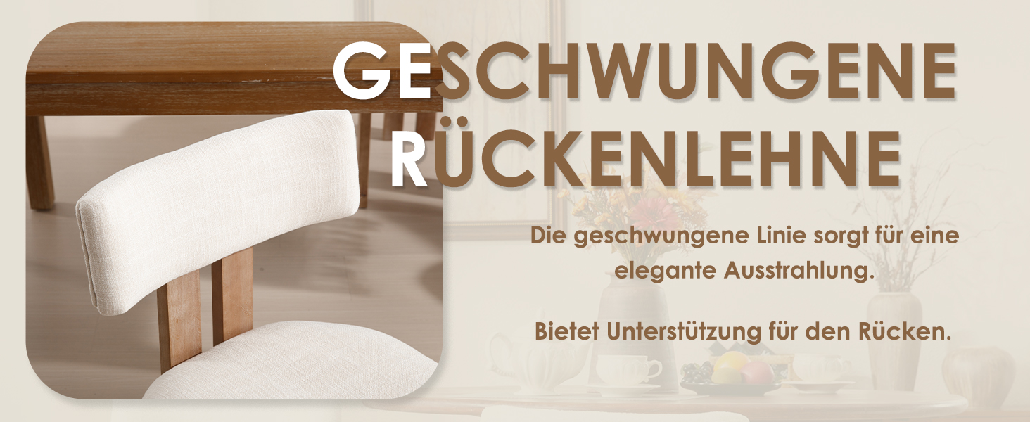 Text: 'GESCHWUNGENE RÜCKLENLEHNE' mit dem Untertitel 'Die geschwungene Linie sorgt für eine elegante Ausführung. Beste Unterstützung für den Rücken. ' Konstruktionsdiagramm des Stuhls mit geschwungener Rückenlehne.