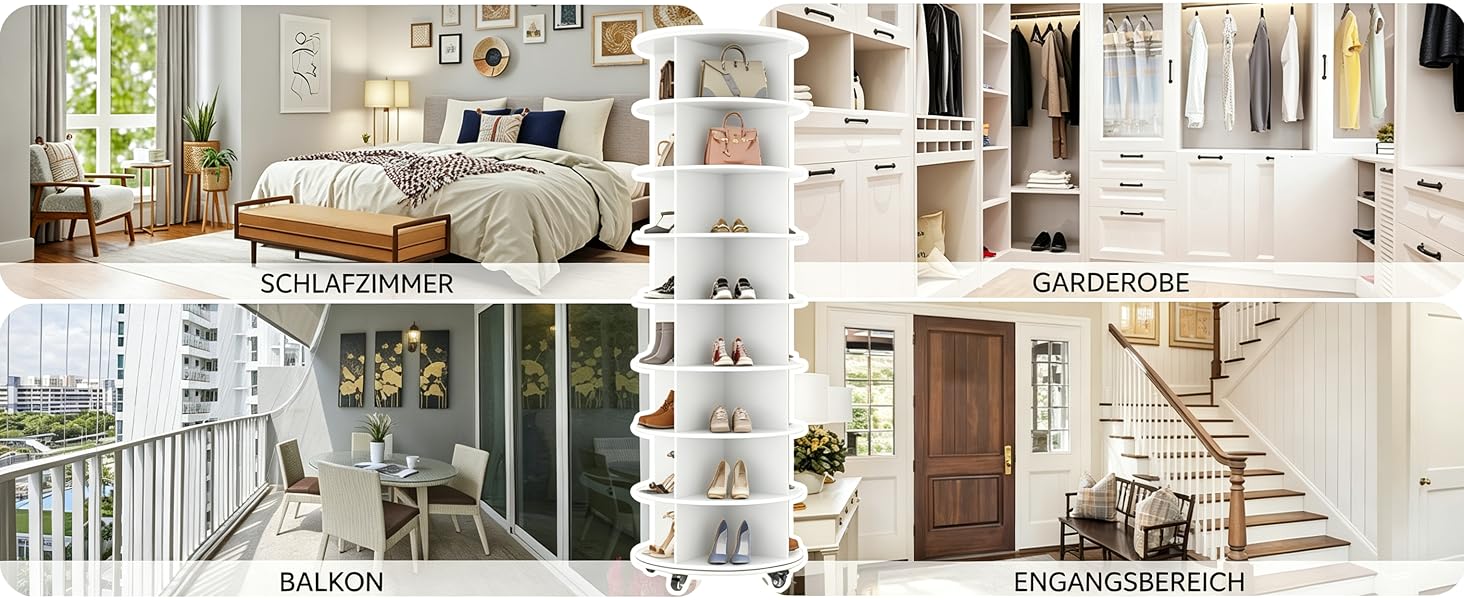 Der Text lautet „SCHLAFZIMMER“ (Schlafzimmer), „GARDEROBE“ (Garderobe), „BALKON“ (Balkon), „EINGANGSBEREICH“ (Eingangsbereich). Moodboard im Innendesign aus Verbundwerkstoff, auf dem Schlafzimmer, begehbarer Kleiderschrank, Balkon und Eingangsbereiche mit weißen Aufbewahrungsmöbeln und Einrichtungslösungen für Ihr Zuhause abgebildet sind.