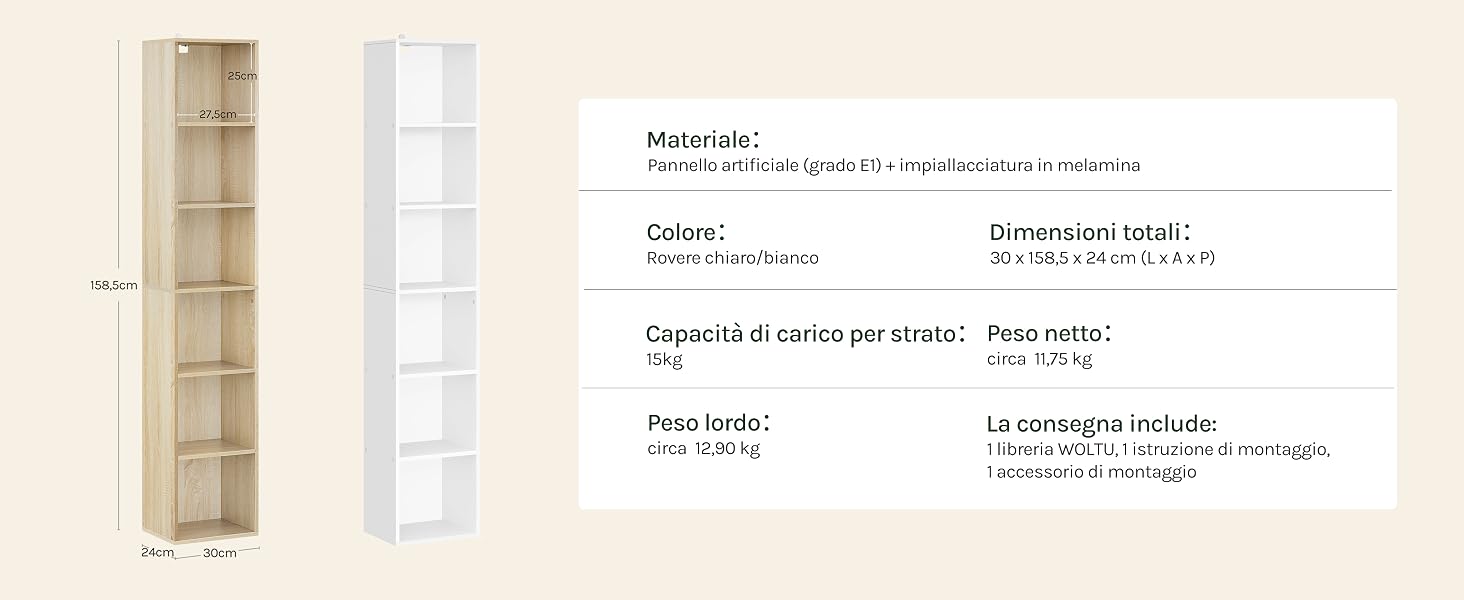 Libreria alta e stretta con sei ripiani regolabili.