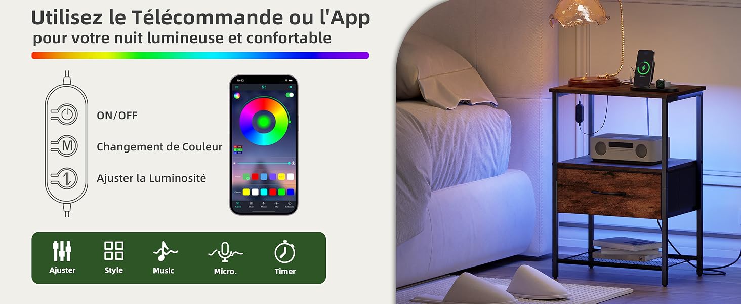 Illustration de l'interface de l'application avec les icônes de contrôle d'un smartphone et d'une maison intelligente montrant les différentes options et paramètres de contrôle de l'appareil.