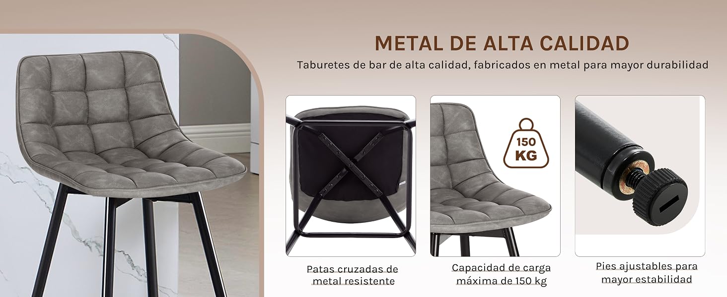 Varias vistas de una moderna silla de comedor tapizada en gris con patas de metal negro, que muestra los detalles del producto y los componentes de ensamblaje.