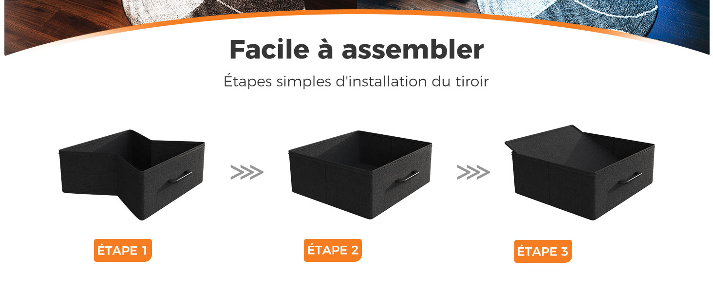 Processus d'assemblage en trois étapes pour une boîte de rangement rectangulaire noire, étiquetée « Facile à assembler »
