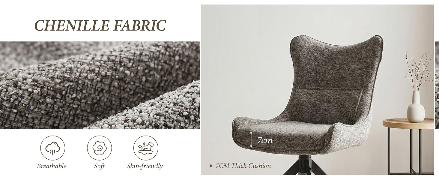 Text reads 'CHENILLE FABRIC'. Shows textured gray chenille fabric close-up and modern butterfly chair upholstered in same material. Three circular icons indicate product features.
