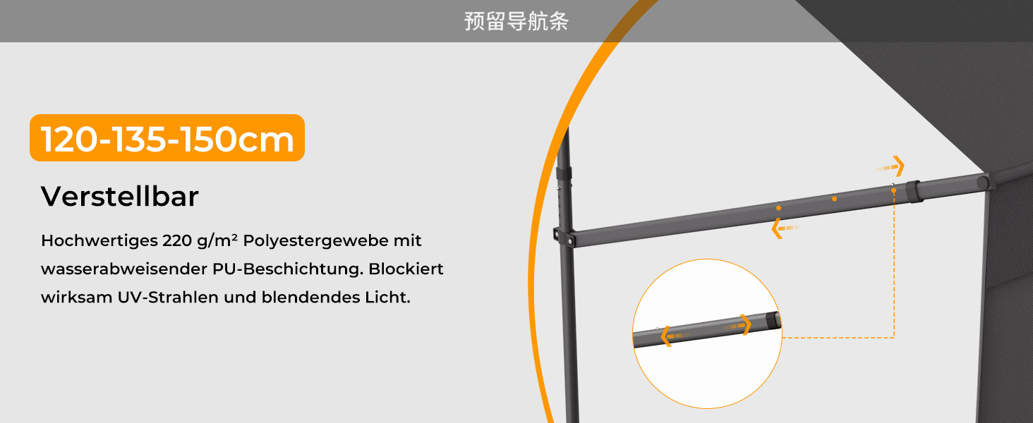Der Text lautet „Bild 5“, „120-135-150 cm“ und „Verstellbar“. Technisches Produktdiagramm, das das verstellbare Montagesystem mit Maßen und technischen Daten zeigt.