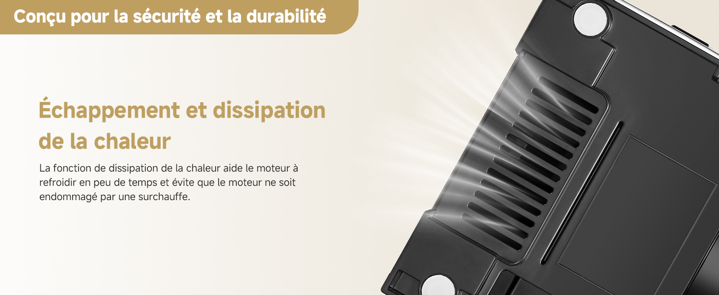 Gros plan d'un appareil électronique noir avec ailettes de dissipation thermique. Le texte français décrit les caractéristiques de sécurité, de durabilité et de dissipation thermique.