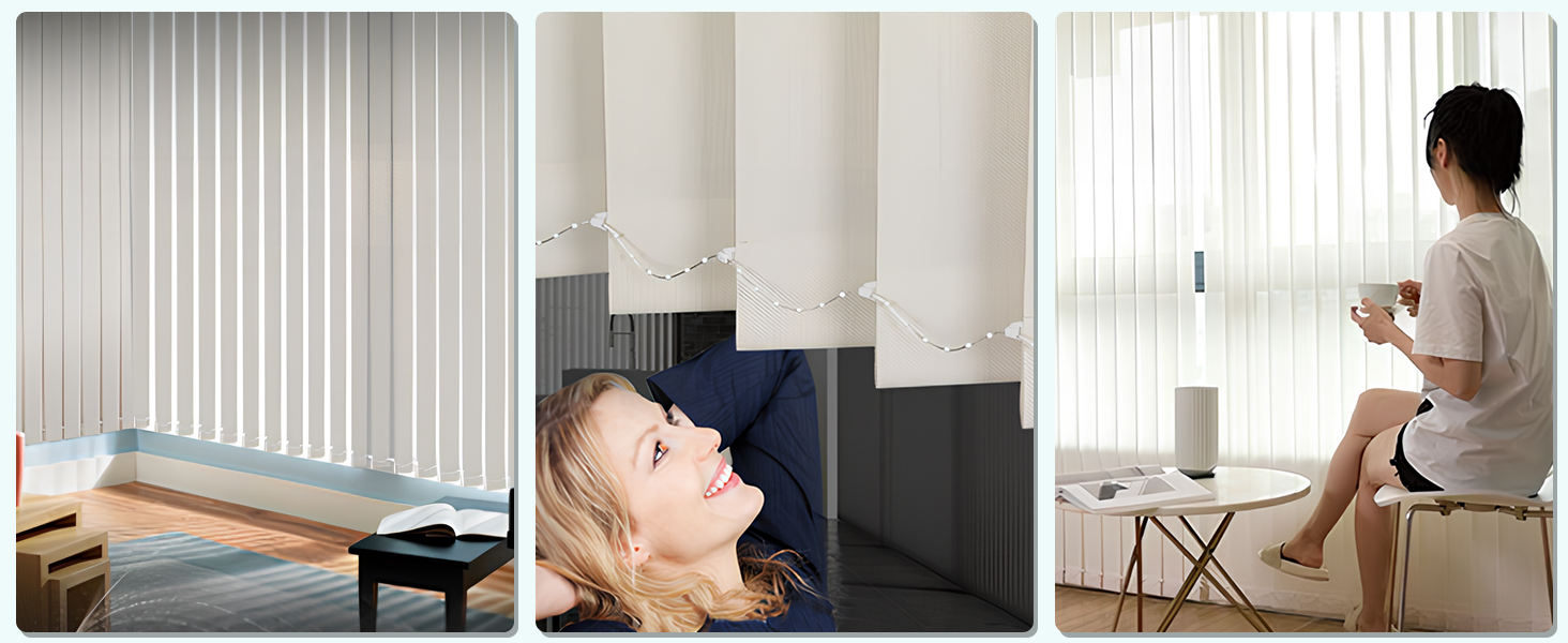 Three-panel image showing massage or therapy settings: person lying on table, sitting on chair, and standing position with white vertical blinds in background.