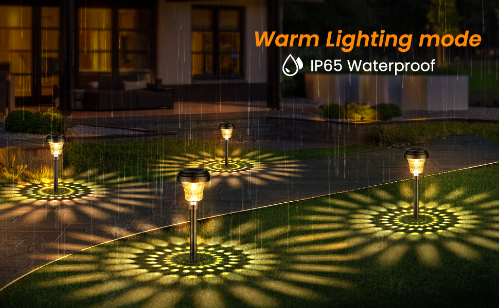 Outdoor garden lights creating decorative patterns on the ground. Text indicates 'Warm Lighting mode' and 'IP65 Waterproof'.