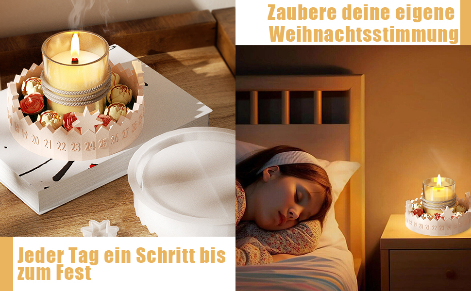 Der Text lautet „Zaubere deine eigene Weihnachtsstimmung“ und „Jeder Tag ein Schritt bis zum Fest“. Collage aus weihnachtlichen Motiven mit Kerzen und Dekorationen.