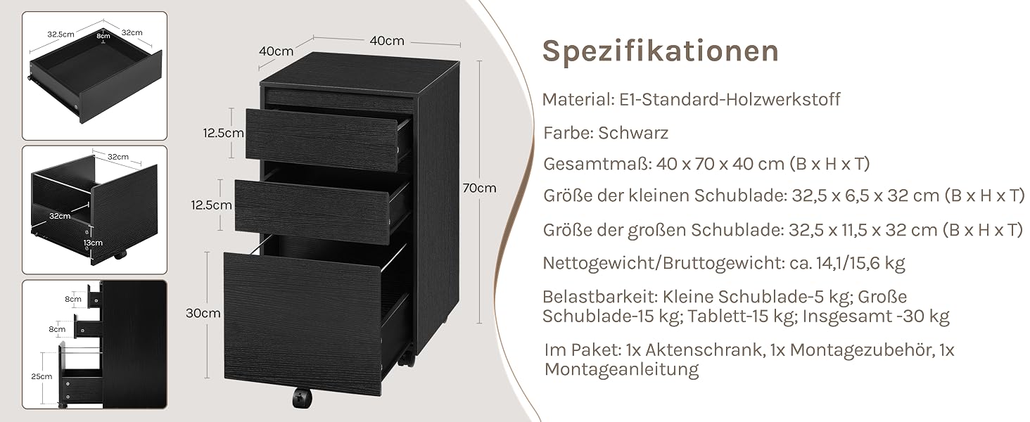  mobiler Aktenschrank, Schrank für Aktenordner, Aufbewahrungsschrank im Büro, Büroschrank mit Rollen