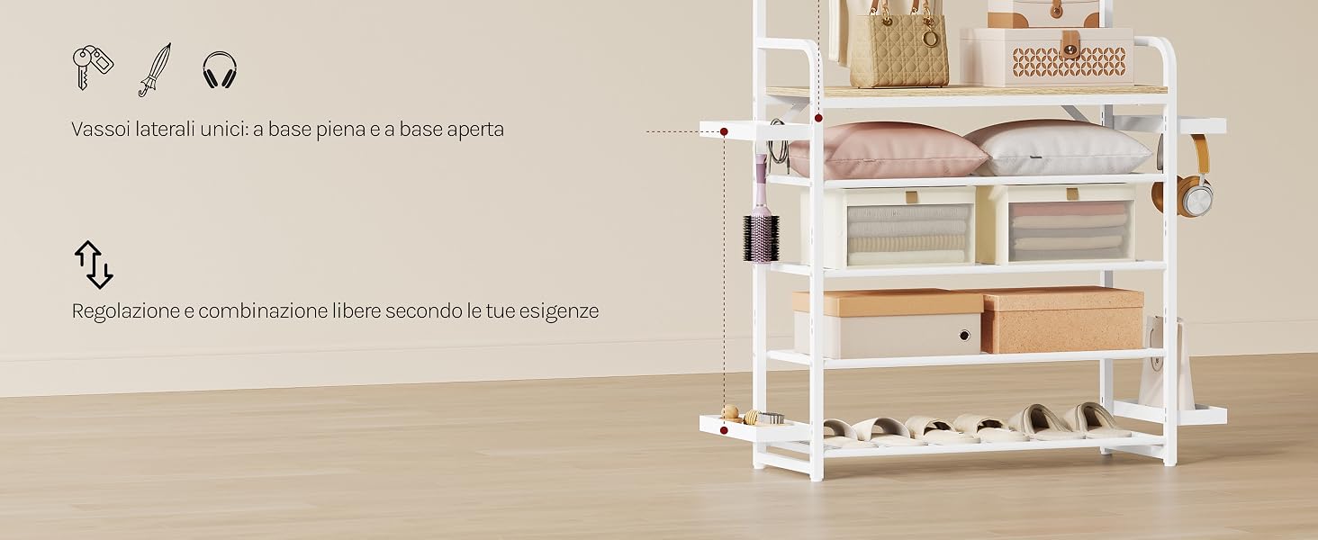 Scaffale in metallo bianco a più livelli con scatole di imballaggio visualizzate. Notazione dello schema di assemblaggio visibile in alto con le specifiche dimensionali indicate.