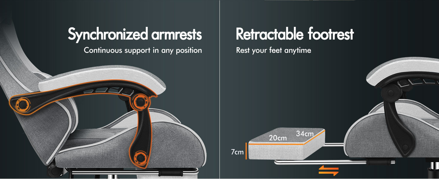 Text reads 'Synchronized armrests' and 'Retractable footrest'.