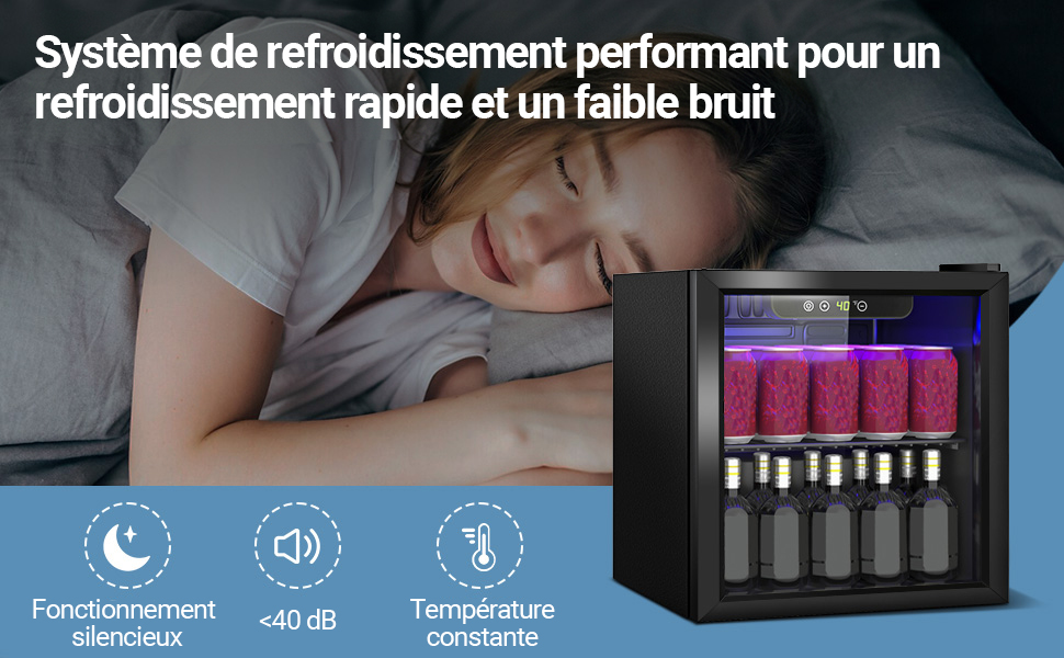 Der Text lautet „Système de refroidissement performant pour un refroidissement rapide et un faible ruit“. Blau getönte technische Produktbilder mit Symbolen, die +40 dB anzeigen, und Temperaturanzeigen.