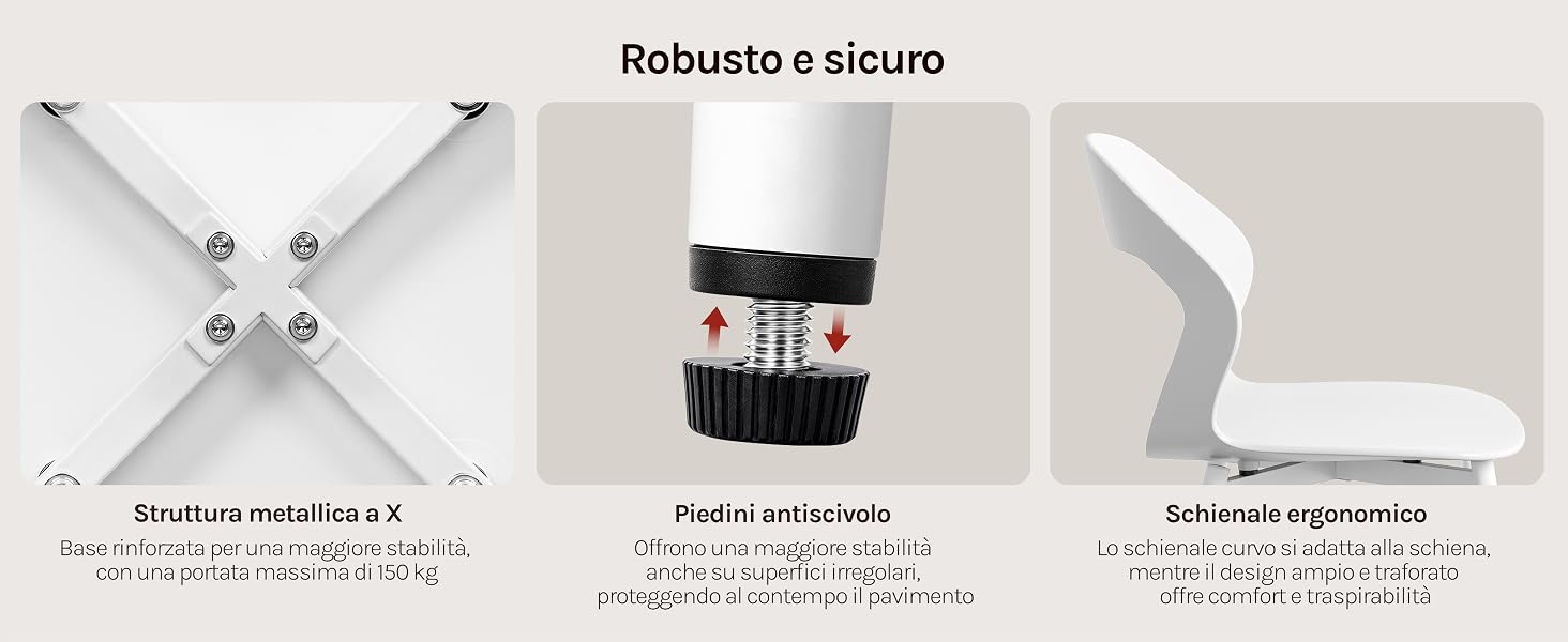 Il testo recita «Robusto e Sicuro» (sono mostrate tre visualizzazioni del prodotto). A sinistra: portagioie bianco a forma di croce con più scomparti e passanti per appenderli. Centro: contenitore per gioielli cilindrico nero con sezioni divise. A destra: espositore per gioielli curvo bianco.