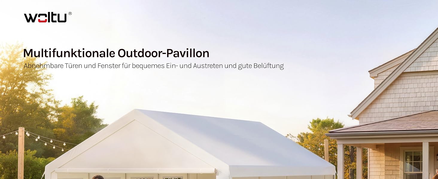 Der Text lautet „Waltu“ und „Multifunktionale Outdoor-Pavillon“. Weißer Außenpavillon im Zeltstil mit Spitzdach neben einem Wohnhaus mit Backsteinfassade.