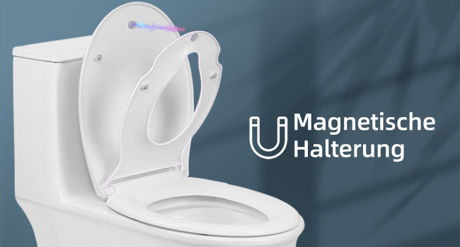 a white toilet seat with a purple swivel on the lid.