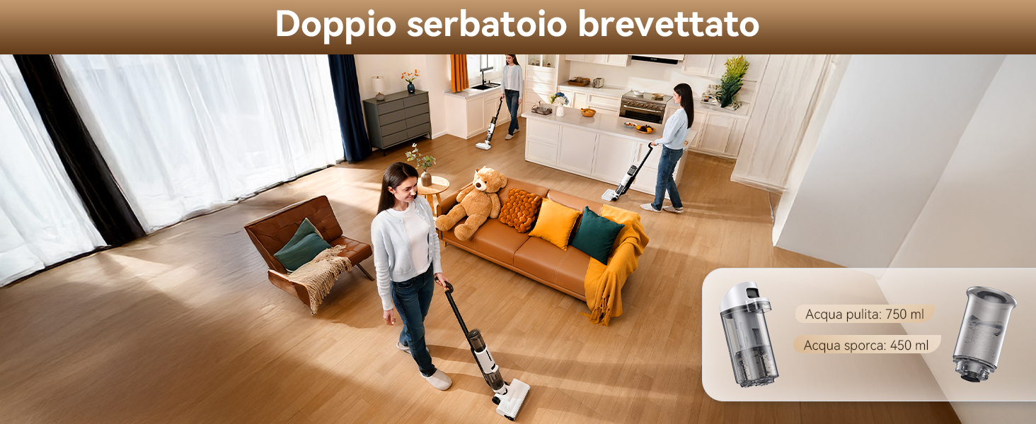 Aspirapolvere senza fili in uso in un salotto moderno. L'immagine inserita mostra un sistema di raccolta della polvere a doppia camera, che enfatizza l'efficiente capacità di stoccaggio dei detriti del prodotto