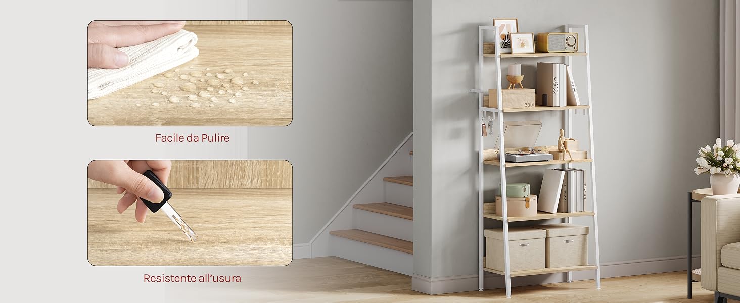 Raccolta di immagini di prodotti che mostrano mobili e soluzioni di archiviazione in legno con scaffali a scala contro pareti bianche, a dimostrazione delle varie possibilità di organizzazione degli ambienti.