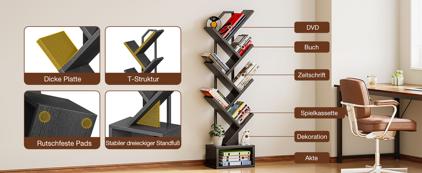 Produktvorführung mit Ledergeldbörsen auf der linken Seite und einem an der Wand montierten Bücherregaldisplay im Zickzack-Stil mit Büchern im rechten Bereich.