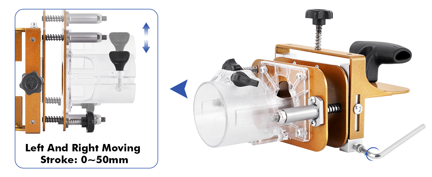 Text reads 'Left And Right Moving' and 'Stroke: 0-50mm'. Technical diagram showing mechanical clamp or vise mechanism with arrows indicating movement range and adjustability.