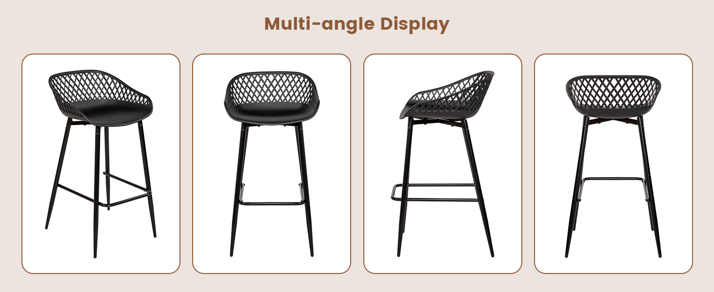 Le texte indique « Affichage multi-angle ». Série de dessins techniques présentant différents modèles de chaises sous plusieurs angles, présentés sous forme de grille.
