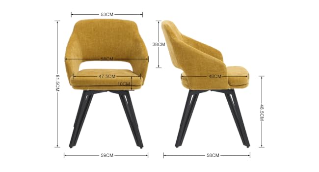 Schéma technique montrant les dimensions du fauteuil d'appoint jaune moutarde vu de côté et de face, avec pieds en métal noir et assise incurvée.