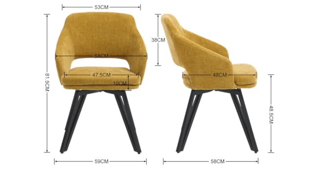 Technisches Diagramm, das die Abmessungen des senfgelben Akzentstuhls von der Seite und von vorne zeigt, mit schwarzen Metallbeinen und einem geschwungenen Sitzdesign.
