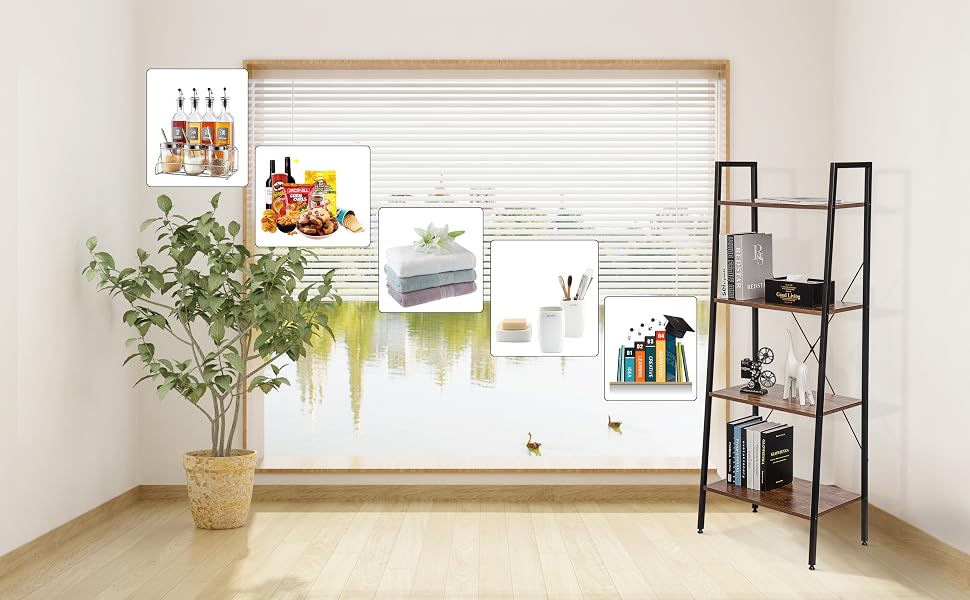 Espacio de oficina en casa con pizarra blanca, planta en maceta y estante negro con forma de escalera. El tablero muestra varias imágenes y notas, el estante contiene libros y artículos decorativos