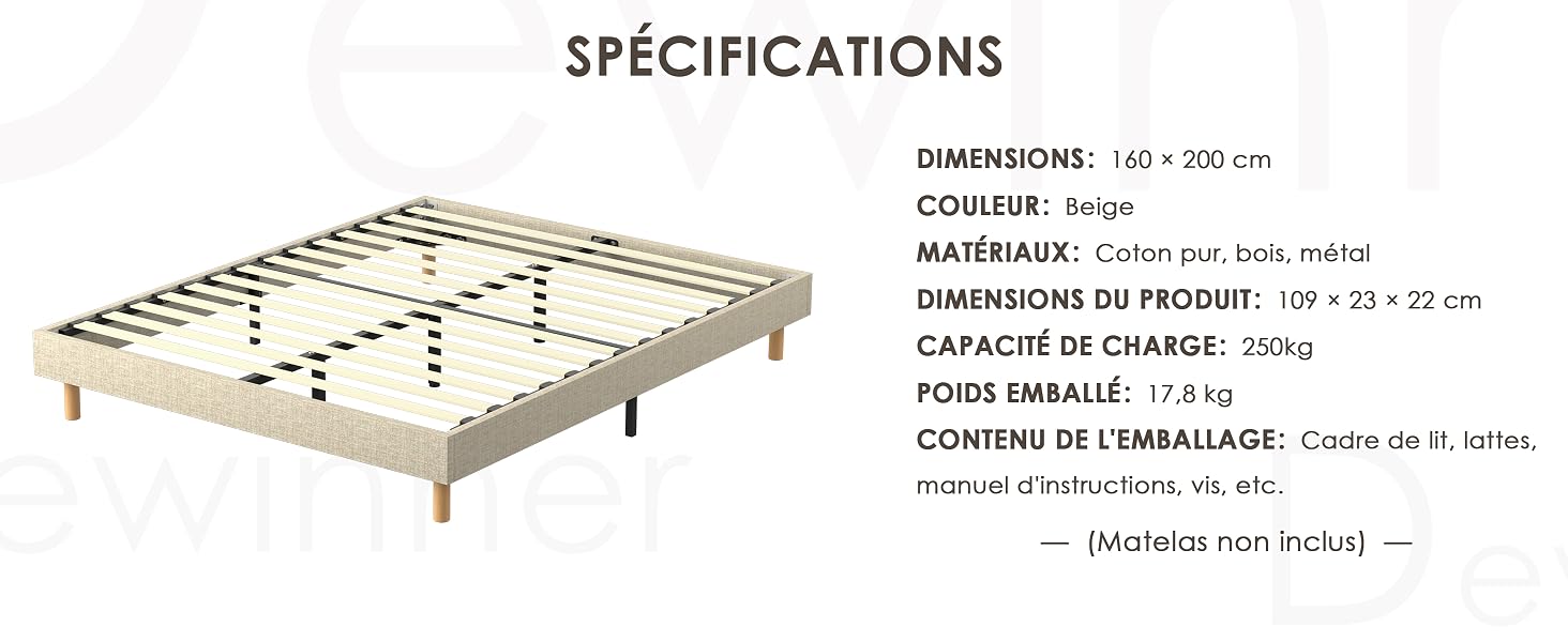 Schéma des spécifications techniques montrant les mesures et les dimensions d'un produit, avec un texte détaillant les dimensions, les matériaux et les informations de capacité.