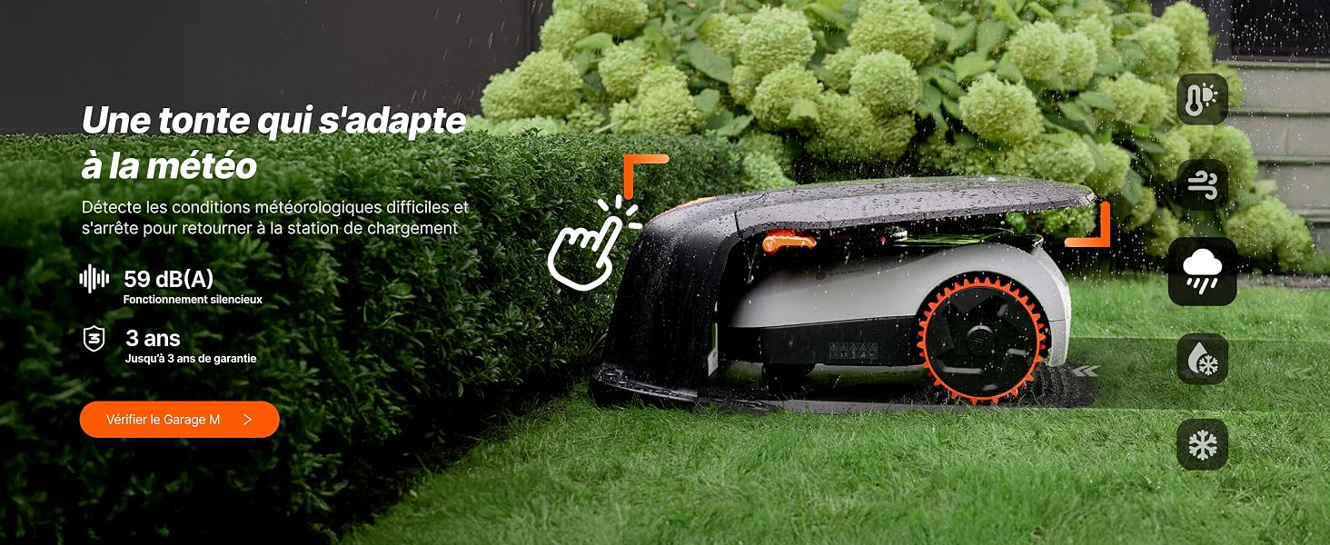 Le texte se lit comme suit : « Une tonte qui s'adapte à la météo ». Interface du produit montrant les commandes des tondeuses à gazon robotisées dotées de fonctions d'adaptation aux conditions météorologiques.